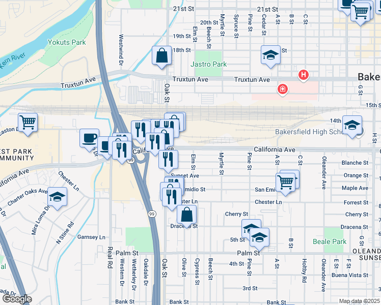 map of restaurants, bars, coffee shops, grocery stores, and more near 3011 California Avenue in Bakersfield