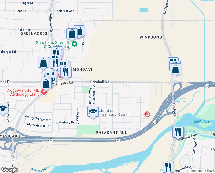 map of restaurants, bars, coffee shops, grocery stores, and more near 1109 Harvest Creek Road in Bakersfield