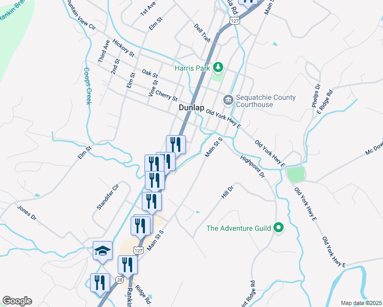 map of restaurants, bars, coffee shops, grocery stores, and more near 419 Walnut Street in Dunlap