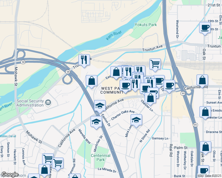 map of restaurants, bars, coffee shops, grocery stores, and more near in Bakersfield
