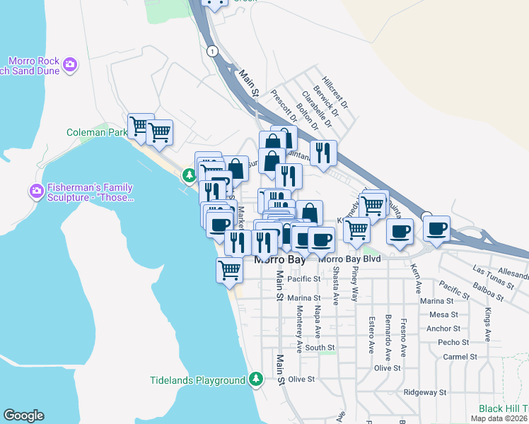 map of restaurants, bars, coffee shops, grocery stores, and more near 1095 Main Street in Morro Bay