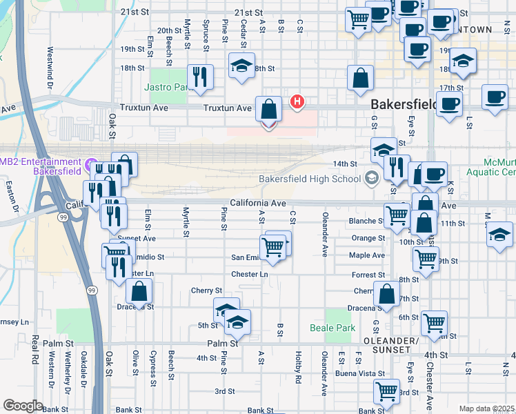 map of restaurants, bars, coffee shops, grocery stores, and more near 1129 A Street in Bakersfield