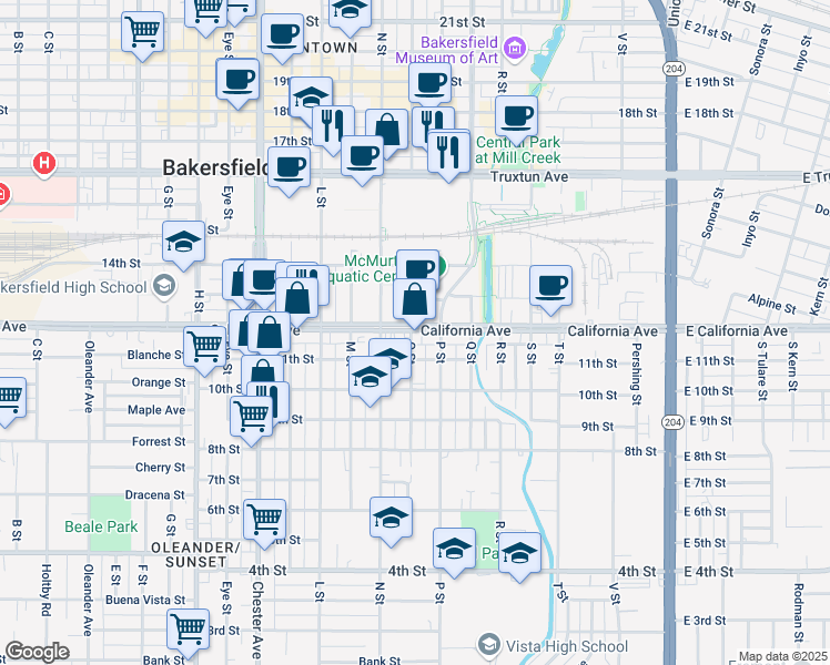 map of restaurants, bars, coffee shops, grocery stores, and more near 929 1/2 California Avenue in Bakersfield