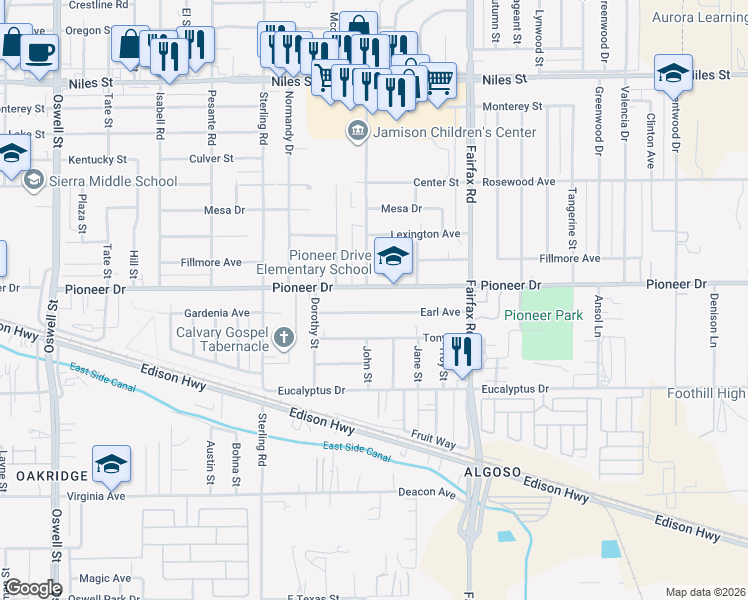 map of restaurants, bars, coffee shops, grocery stores, and more near 4335 Pioneer Drive in Bakersfield