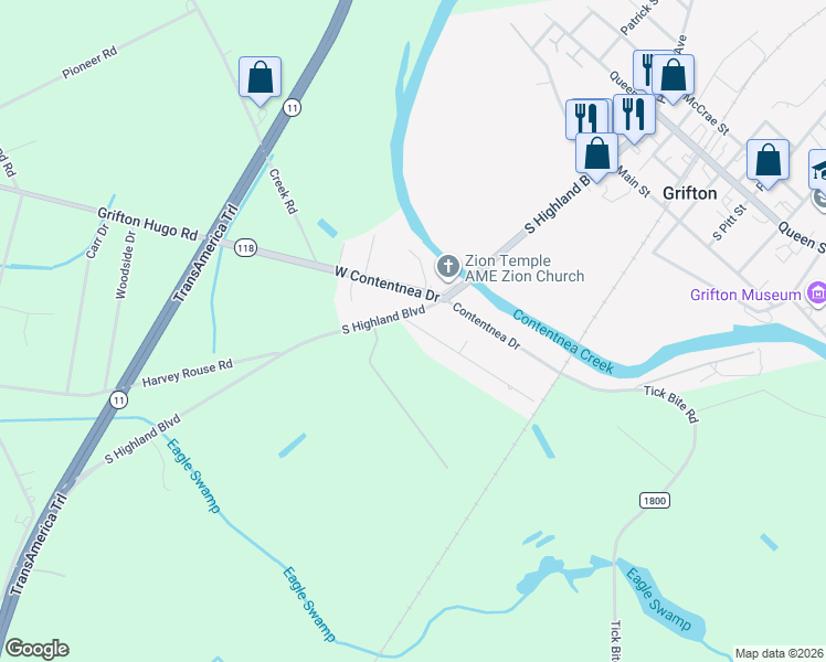 map of restaurants, bars, coffee shops, grocery stores, and more near 221 Tucker Street in Grifton