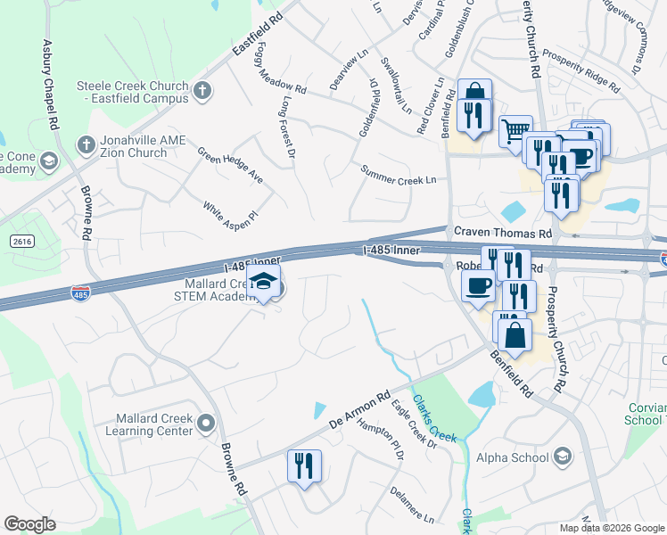 map of restaurants, bars, coffee shops, grocery stores, and more near 11310 Glenstone Court in Charlotte
