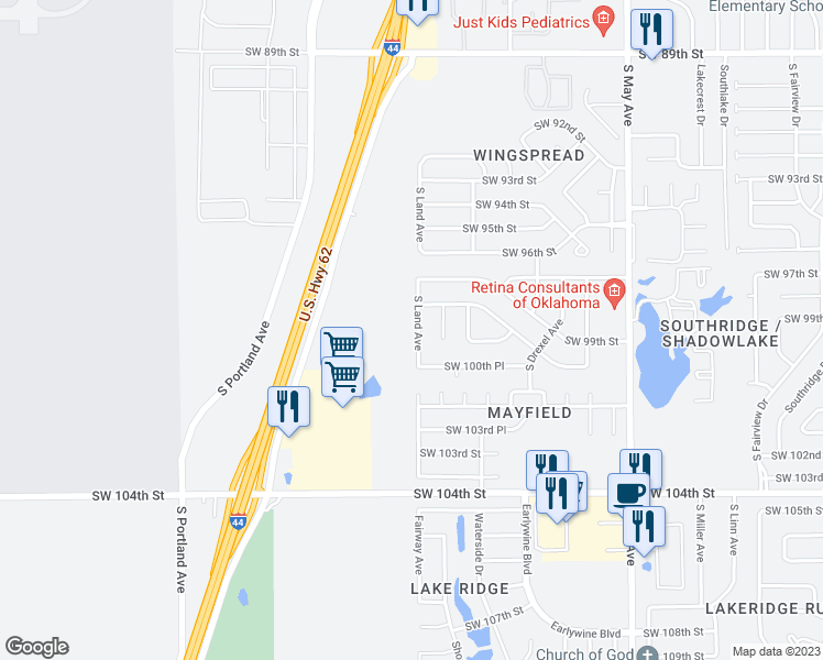 map of restaurants, bars, coffee shops, grocery stores, and more near 10108 South Land Avenue in Oklahoma City
