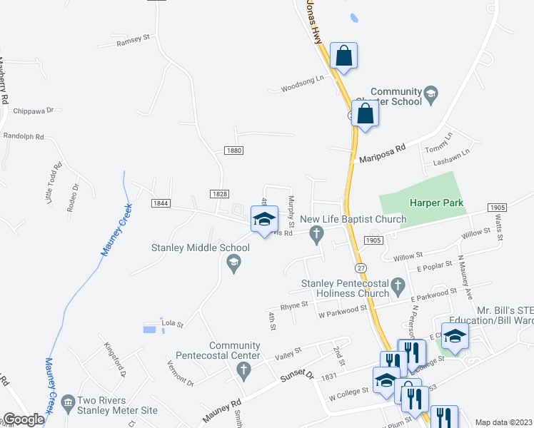 map of restaurants, bars, coffee shops, grocery stores, and more near 317 Morris Street in Gastonia
