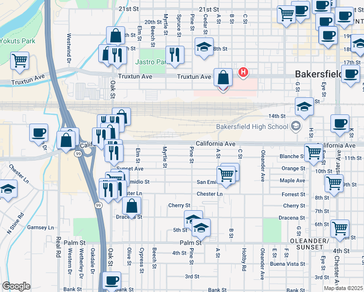 map of restaurants, bars, coffee shops, grocery stores, and more near 2625 California Avenue in Bakersfield
