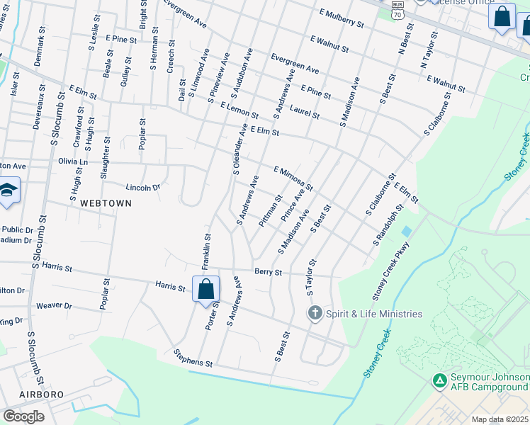map of restaurants, bars, coffee shops, grocery stores, and more near 809 Pittman Street in Goldsboro