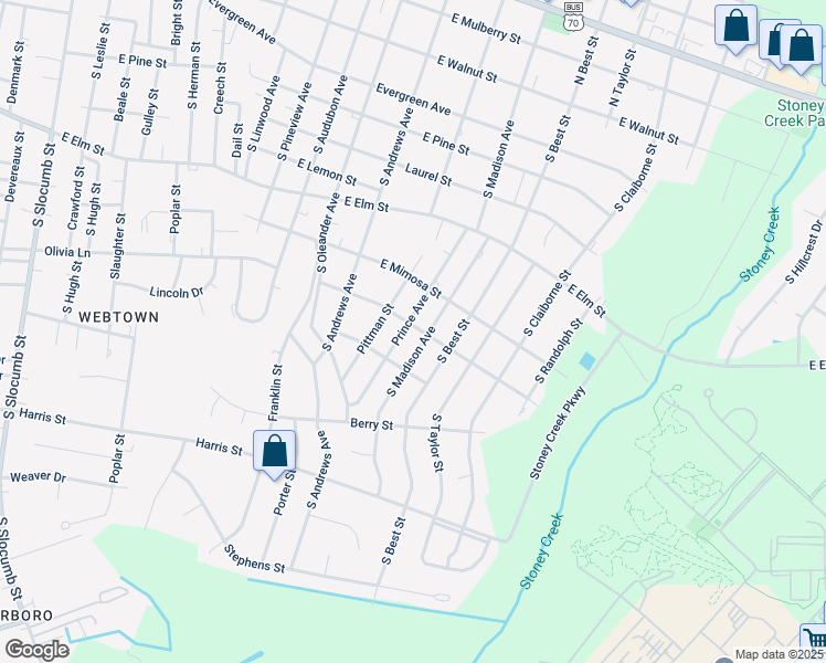 map of restaurants, bars, coffee shops, grocery stores, and more near 1700 East Hawthorne Street in Goldsboro