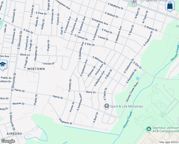 map of restaurants, bars, coffee shops, grocery stores, and more near 809 Pittman Street in Goldsboro