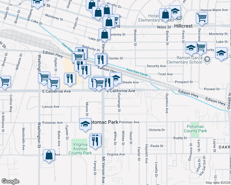 map of restaurants, bars, coffee shops, grocery stores, and more near 2233 East California Avenue in Bakersfield