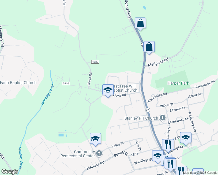 map of restaurants, bars, coffee shops, grocery stores, and more near 711 4th Street in Stanley