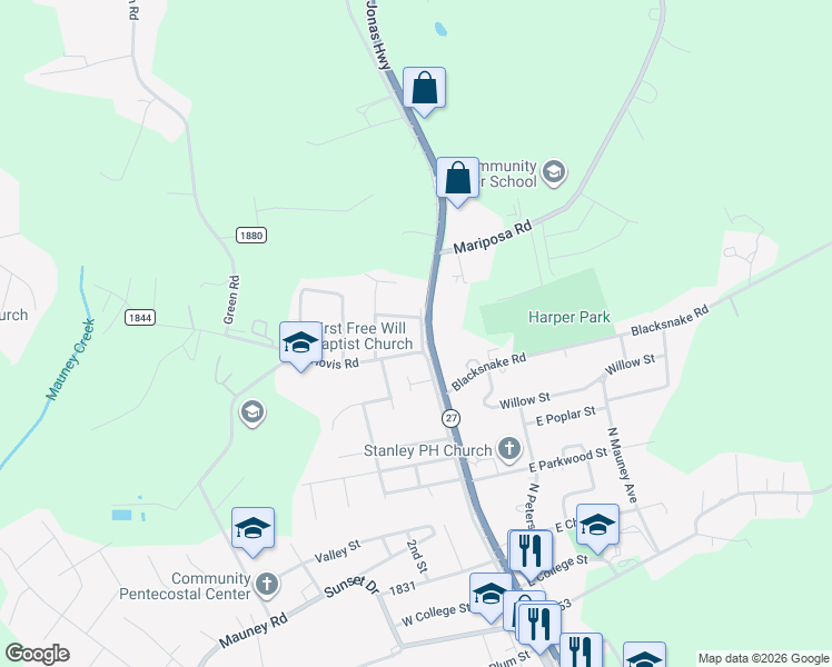 map of restaurants, bars, coffee shops, grocery stores, and more near 107 Rollins Street in Stanley