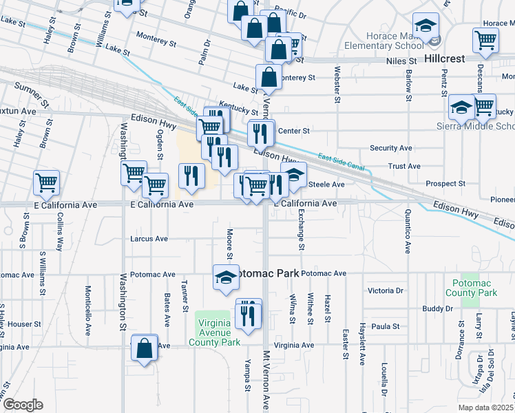 map of restaurants, bars, coffee shops, grocery stores, and more near 2135C East California Avenue in Bakersfield