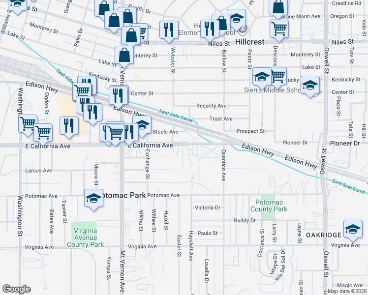 map of restaurants, bars, coffee shops, grocery stores, and more near 2509 E California Ave in Bakersfield