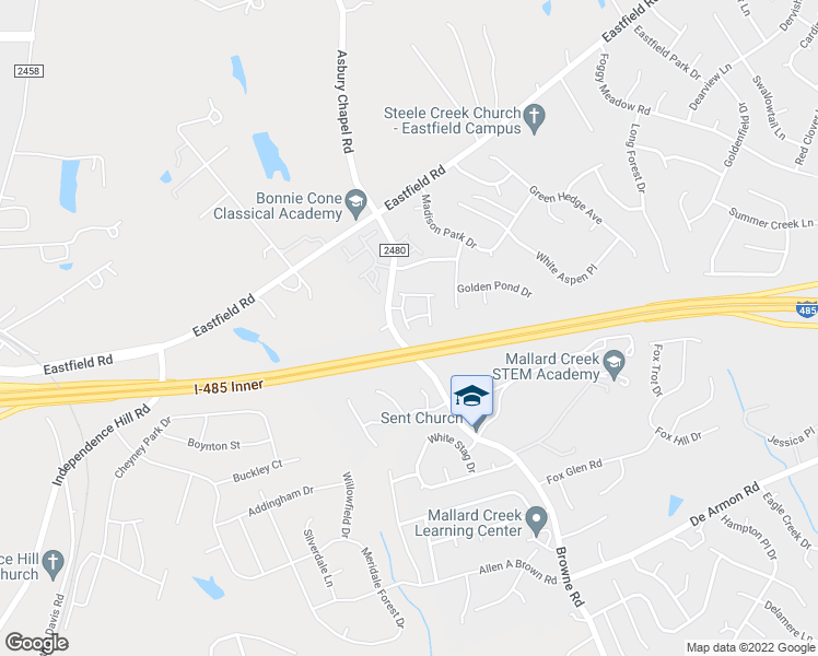 map of restaurants, bars, coffee shops, grocery stores, and more near 6423 St Bernard Way in Charlotte
