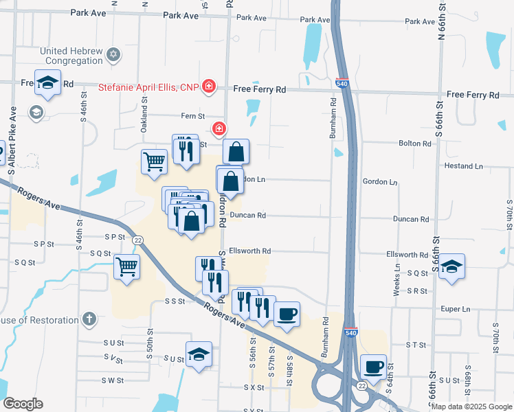 map of restaurants, bars, coffee shops, grocery stores, and more near 5501 Duncan Road in Fort Smith