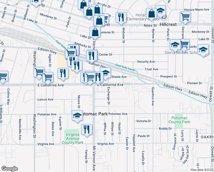 map of restaurants, bars, coffee shops, grocery stores, and more near 2301 East California Avenue in Bakersfield
