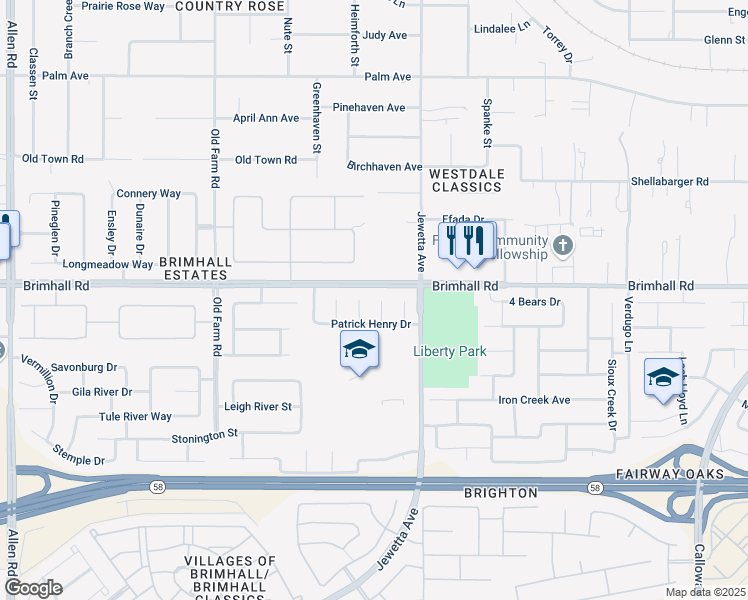 map of restaurants, bars, coffee shops, grocery stores, and more near 1107 Oshkosh Court in Bakersfield