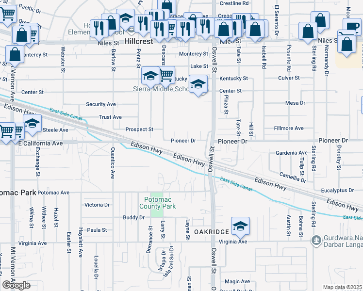 map of restaurants, bars, coffee shops, grocery stores, and more near 2903 Pioneer Drive in Bakersfield