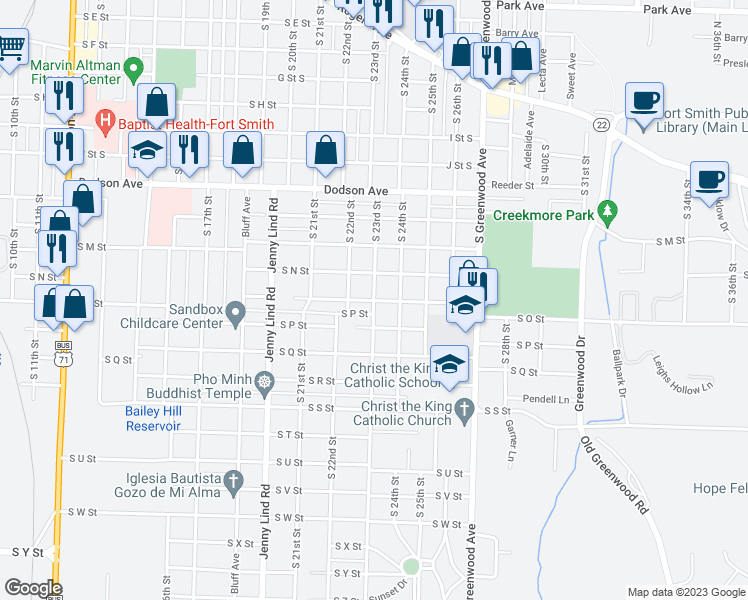 map of restaurants, bars, coffee shops, grocery stores, and more near South O Street in Fort Smith