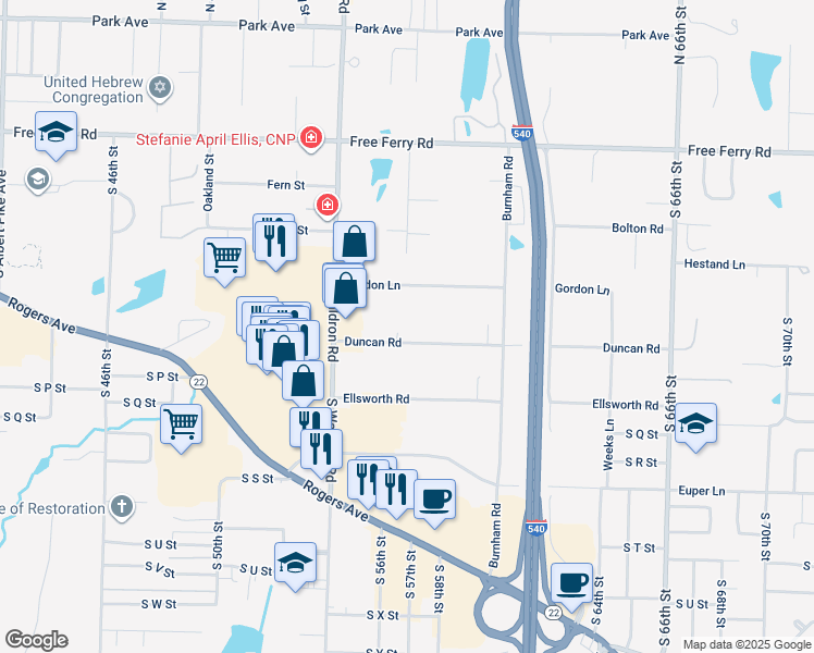map of restaurants, bars, coffee shops, grocery stores, and more near 5601 Duncan Road in Fort Smith