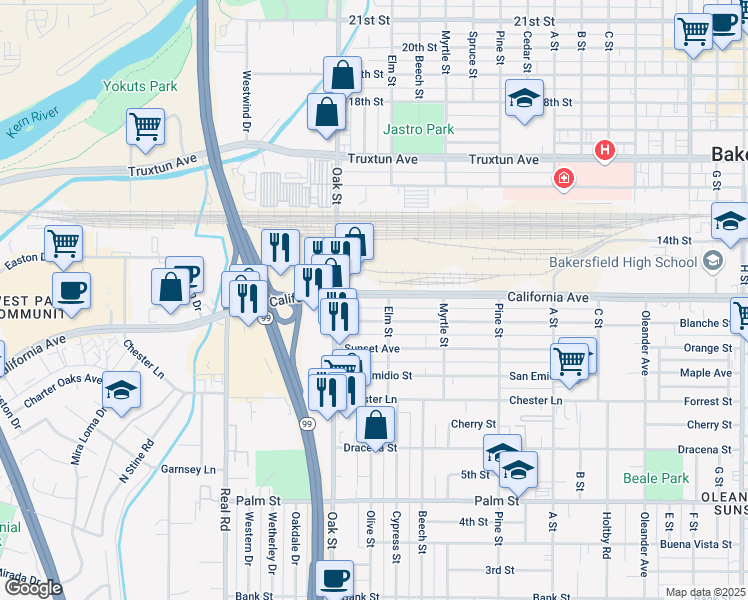 map of restaurants, bars, coffee shops, grocery stores, and more near 3011 California Avenue in Bakersfield