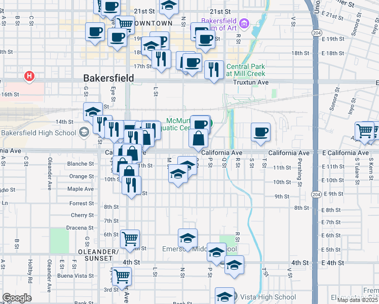 map of restaurants, bars, coffee shops, grocery stores, and more near 929 1/2 California Avenue in Bakersfield