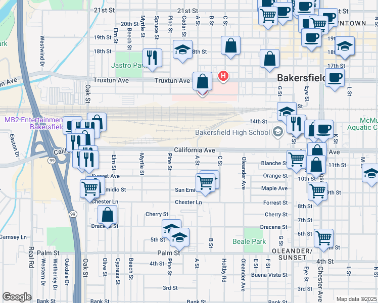 map of restaurants, bars, coffee shops, grocery stores, and more near 1129 A Street in Bakersfield