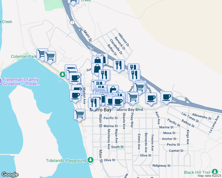 map of restaurants, bars, coffee shops, grocery stores, and more near 124 Beach Street in Morro Bay