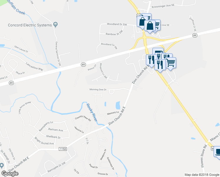 map of restaurants, bars, coffee shops, grocery stores, and more near 335 Morning Dew Drive in Concord