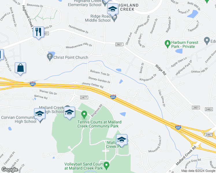 map of restaurants, bars, coffee shops, grocery stores, and more near 12212 Wallace Ridge Drive in Charlotte
