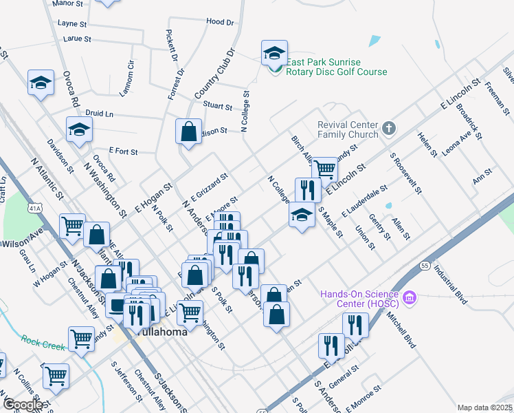 map of restaurants, bars, coffee shops, grocery stores, and more near 601 East Grundy Street in Tullahoma