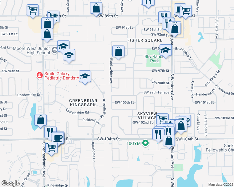 map of restaurants, bars, coffee shops, grocery stores, and more near 1217 Southwest 99th Terrace in Oklahoma City