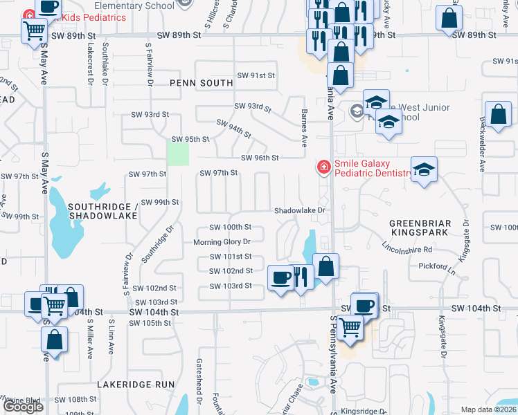 map of restaurants, bars, coffee shops, grocery stores, and more near 2315 Shadowlake Drive in Oklahoma City