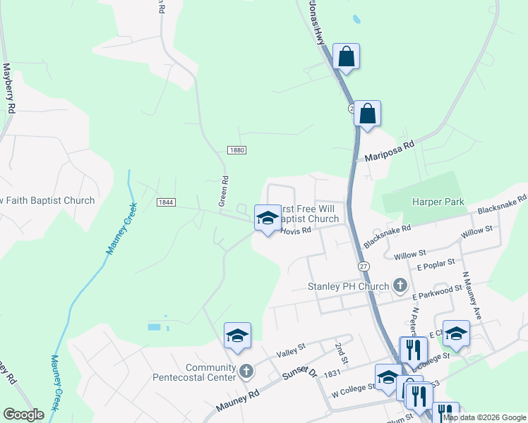 map of restaurants, bars, coffee shops, grocery stores, and more near 711 4th Street in Stanley