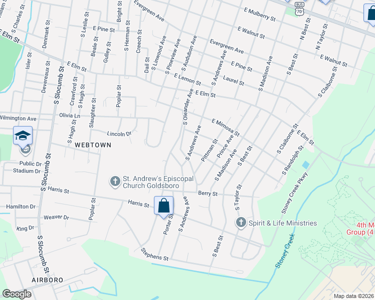 map of restaurants, bars, coffee shops, grocery stores, and more near 901 South Andrews Avenue in Goldsboro