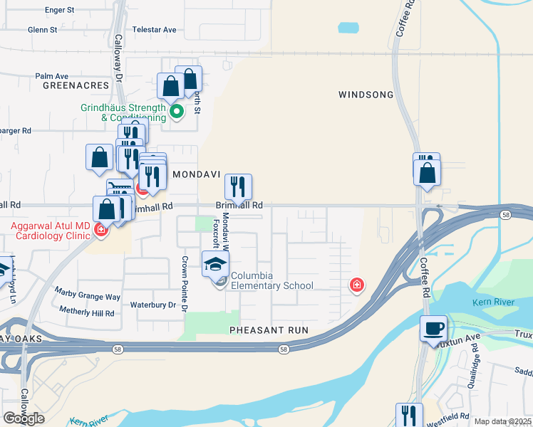 map of restaurants, bars, coffee shops, grocery stores, and more near 1109 Harvest Creek Road in Bakersfield