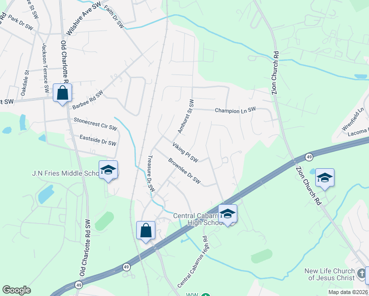 map of restaurants, bars, coffee shops, grocery stores, and more near 536 Viking Place Southwest in Concord