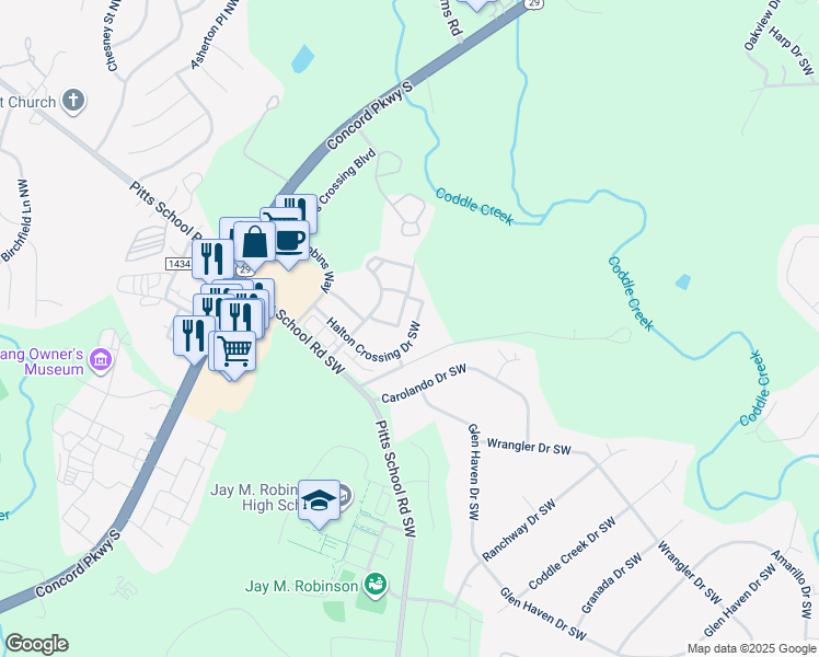 map of restaurants, bars, coffee shops, grocery stores, and more near 339 Halton Crossing Drive Southwest in Concord