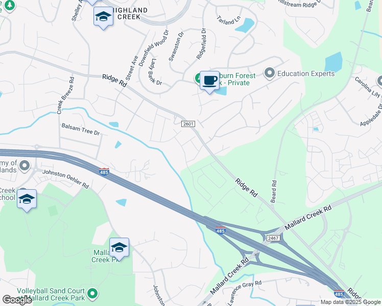 map of restaurants, bars, coffee shops, grocery stores, and more near 3107 Ridge Road in Charlotte