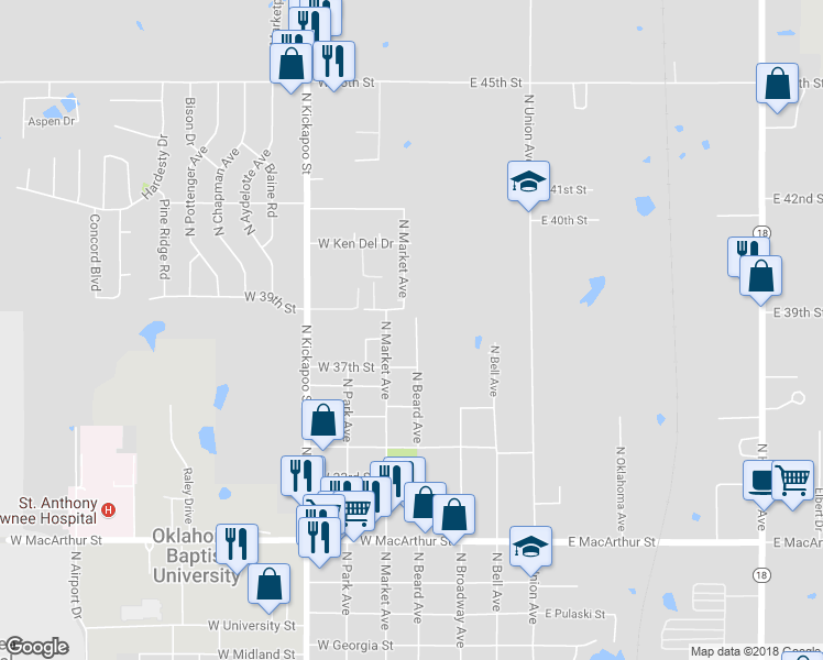 map of restaurants, bars, coffee shops, grocery stores, and more near 3804 North Beard Avenue in Shawnee
