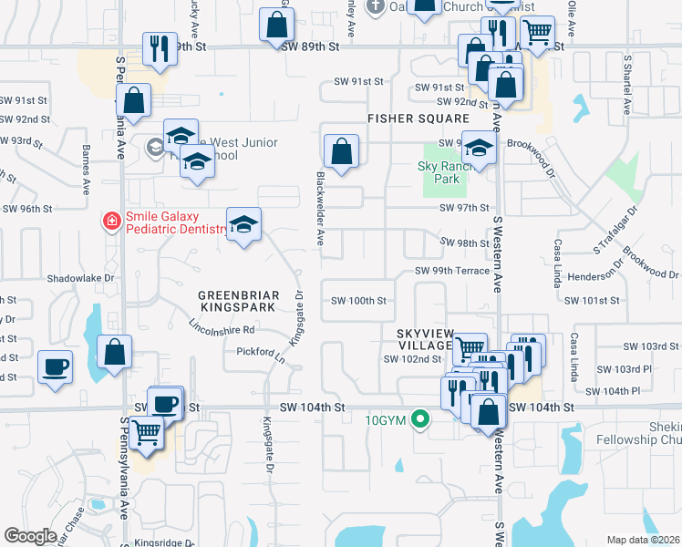 map of restaurants, bars, coffee shops, grocery stores, and more near 1213 Southwest 99th Terrace in Oklahoma City