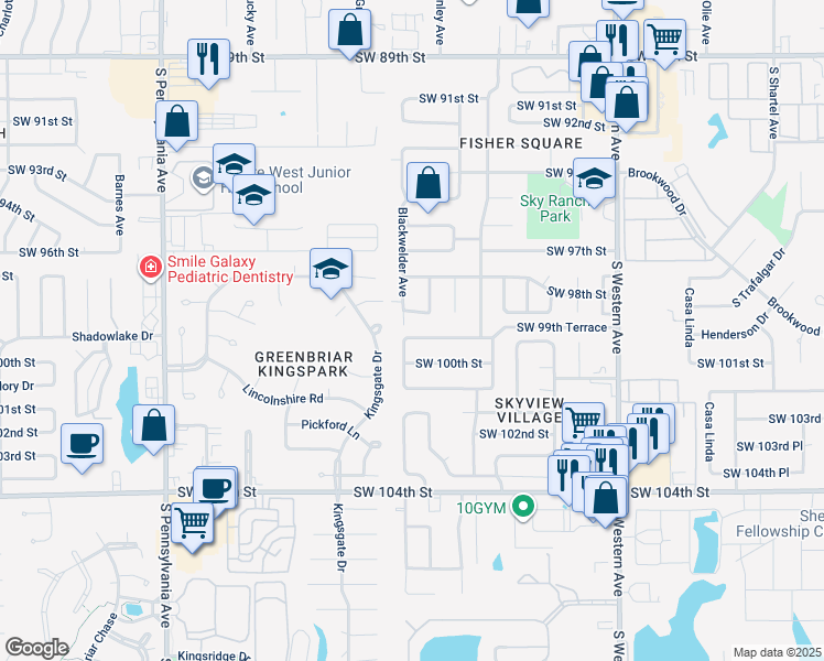 map of restaurants, bars, coffee shops, grocery stores, and more near 1225 Southwest 99th Terrace in Oklahoma City
