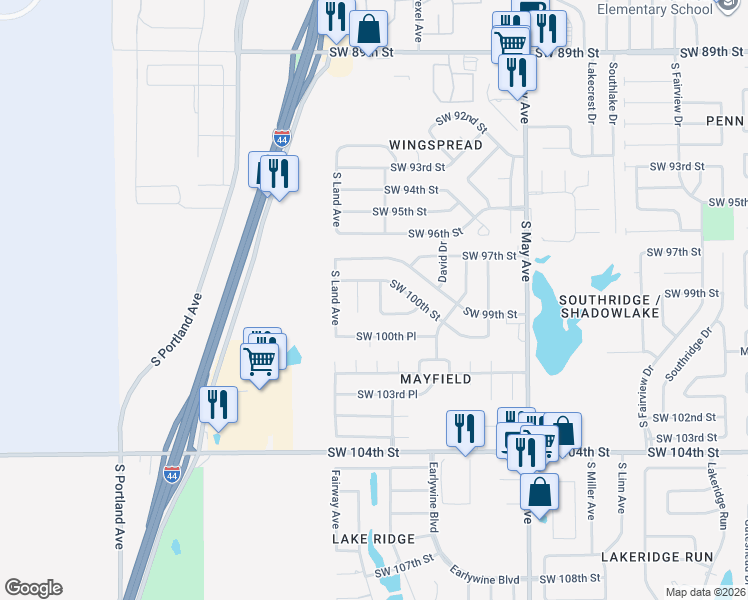 map of restaurants, bars, coffee shops, grocery stores, and more near 10113 South Rachel Court in Oklahoma City