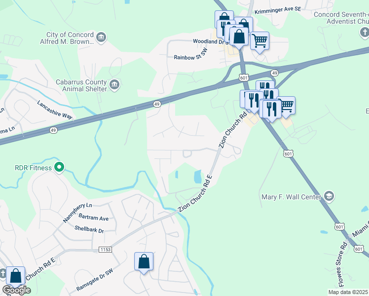 map of restaurants, bars, coffee shops, grocery stores, and more near 323 Morning Dew Drive in Concord