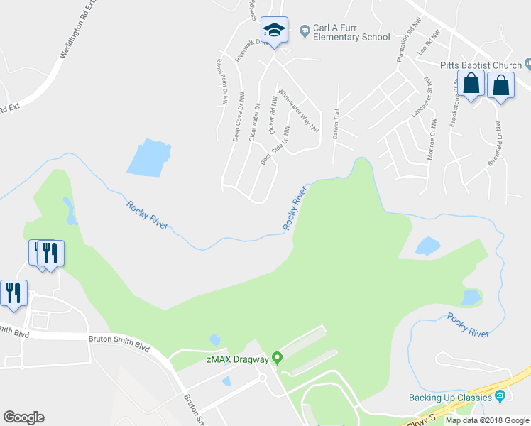 map of restaurants, bars, coffee shops, grocery stores, and more near 2931 Watercrest Drive Northwest in Concord