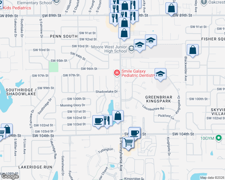 map of restaurants, bars, coffee shops, grocery stores, and more near 9925 South Pennsylvania Avenue in Oklahoma City